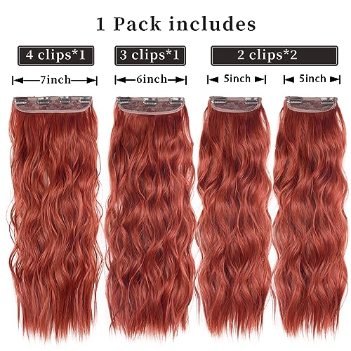 20 Inches Clip in Hair Extensions Double Weft Copper Red Long Wavy Hair Extensions for Women 4PCS Thick Hairpieces Synthetic Fiber (Copper Red) - color: Copper Red