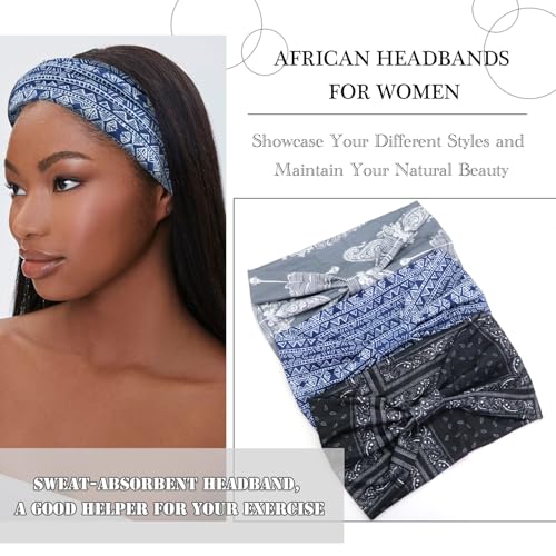 Boho Headbands Wide knotted Hair Bands Vintage Printing Bandeau Stretchy Non-slip Cotton Headband Sport Yoga Hair Accessories for Women and Girls (Pack of 3) - color: Color-1