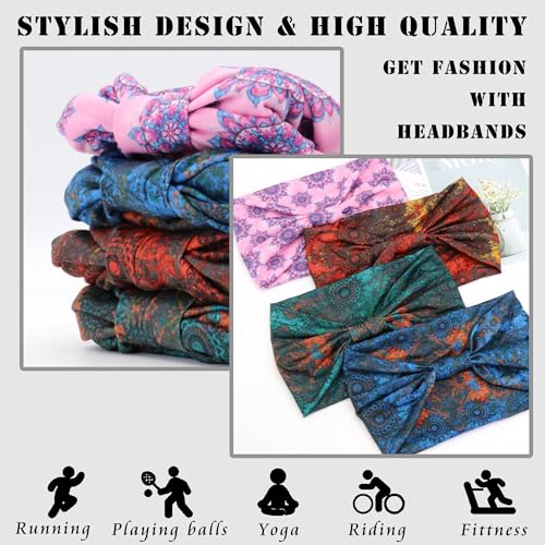 FULZTEY Boho Headbands for Women Fashion Wide Head Bands Floral Print Headwrap Large African Knot Turban Elastic Non Slip Workout Yoga Sweat Hairband Soft Cotton Bandanas for Hair Accessories 4Pcs - color: Style 116