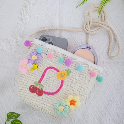 Letter Small Woven Straw Summer Beach Tote Bag for Women 2025,Woven Straw Beach Purse Shoulder Crossbody Bag for Women 2025 - color: White D