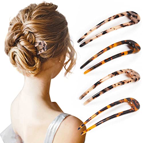 4 Pack Upgraded French Hair Pins Tortoise Shell U Shape Updo Hair Forks Clips for Thin Thick Hair,5.1 inch Classic Cellulose Acetate 2 Prong Bun Hair Sticks Chignon Women Vintage Hairstyle - color: 4P