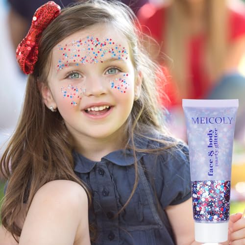 MEICOLY 250th Red White and Blue Patriotic Face Glitter,Fourth of July Star Hair Glitter,4th of July Outfits for Women,USA Flag Body Glitter for Independence Day Veterans Day - color: Glory Red White Blue