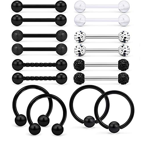16Pcs Nipple Piercing Jewelry 14G Surgical Steel Nipple Rings Hoop Rings Retainer Piercing Jewelry for Women Men 14MM (9/16 Inch) - color: B:8 pairs/black