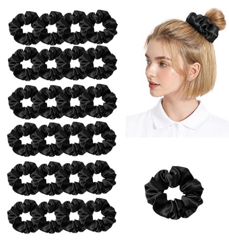 24Pack Satin Scrunchies For Women Silky Scrunchy Silk Hair Ties Ponytail Holder Hairs Bow Ropes Elastics Hairtie Accessories - color: Black