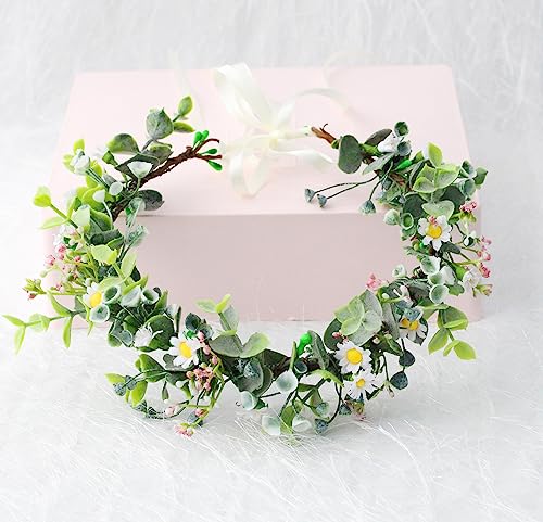 Vivivalue Floral Crown Flower Garland Headband Hair Wreath Floral Headpiece Halo Boho with Ribbon Wedding Party Festival Photos - color: Z
