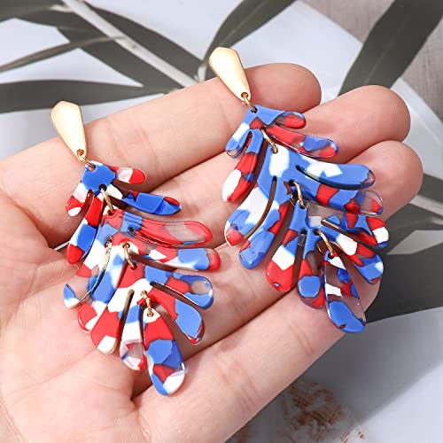 ARATLENCH Acrylic Pendant necklace Earrings – Long Statement Leaf Charm Necklace Tortoise Resin Palm Leaf Earrings Fashion Necklaces Earrings for Women - color: red white blue earring