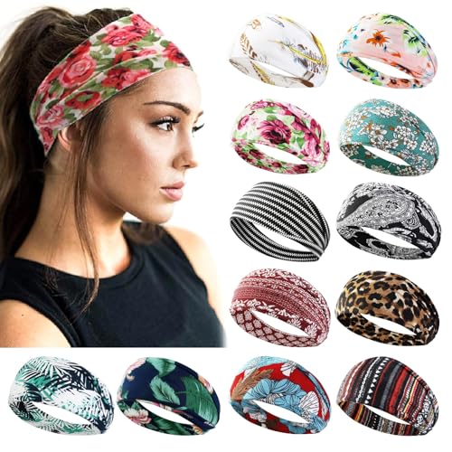 AKTVSHOW 12 Pack Boho Headbands - Wide Non-Slip Elastic Headbands, Trendy Hair Accessories for Women's Yoga, Workout, and Fashion - color: Women Headbands Set 4