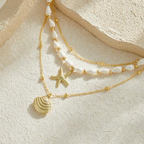 Seashell Starfish Necklace for Women Conch Shell Summer Pearl Beach 14k Gold Layered Dainty Choker - style: 3 Layered Necklace