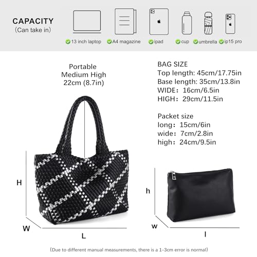 Woven Tote Bag Womens Purse Vegan Leather Shoulder Handbags Fashion Summer Beach Tote Bags Large Travel Totes - color: Black-s