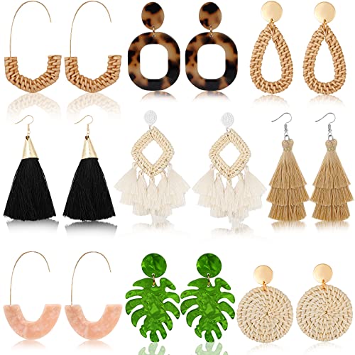 9 Pairs-26 Pairs Rattan Earrings for Women Girls Lightweight Acrylic Geometric Statement Woven Earrings Handmade Straw Wicker Braid Hoop Drop Dangle Earrings - color: gray