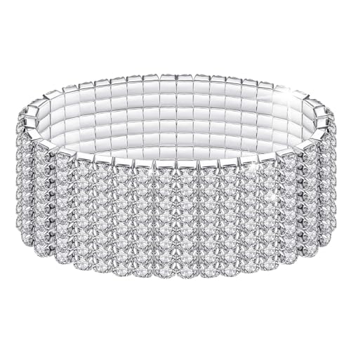 Kucheed Rhinestone Stretch Bracelets, Twinkle Diamond Tennis Bangle, Silver Crystal Sparkling Bridal Stackable Bracelet Jewelry, Bling Shining Wedding Party Elastic Band Bracelet for Women - color: Silver - 8 Rows