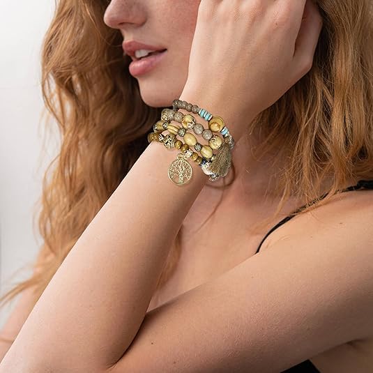 Nyx&lvy Pink Crystal Beaded Stretch Bracelet Set with Gold Heart Charm, Multi-Strand Fashion Jewelry for Women - style: brown