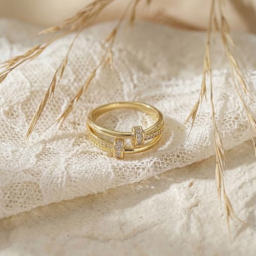 FISSEN JEWELRY Gold Rings for Women, Non Tarnish Dainty 14k Gold Plated Silver CZ Cross Ring Cute Cubic Zirconia Pinky Thumb Stackable Band Silver Finger Rings Size 6-10 Jewelry for Her - color: Gold Diamond Circle
