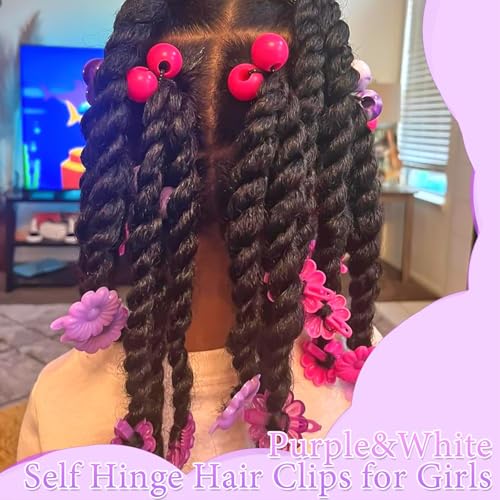 60PCS Hair Beads for Braids Loc Dreadlock Tube Bead Purple&White Pony Beads Self Hinge Flower Hair Barrette 80s 90s Hair Clips Cute Hair Accessories for Girls - color: Purple&White