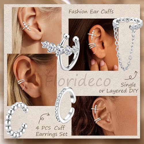Florideco 4 PCS Ear Cuffs Non Piercing Hypoallergenic 14K Gold Plated Ear Cuff Earrings for Women Trendy CZ Clip On Cartilage Earring Set Dainty Adjustable Fake Piercings Earrings - color: CZ Chian: Silver Plated