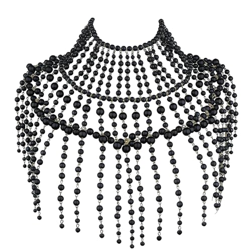 Pearl Shawl Layered Jewelry Shoulder Body Chain Harness Pearl Beaded Necklace Collar - color: Black