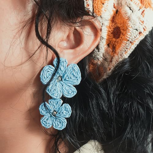 Boho Flower Earrings Statement Raffia Dangle Earrings Cute Floral Jewelry Trendy Summer Beach Vacation Outfits for Women - color: Blue