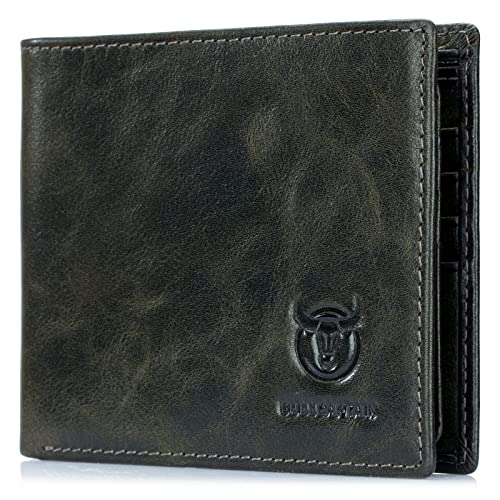 BULLCAPTAIN RFID Wallets for Men,Genuine Leather Wallet QB-05（Forest Green | Slim,Bifold,Front Pocket Wallet, 2 ID Windows,11 Card Slots,RFID Blocking TechnologyGift Choice - color: Forest Green