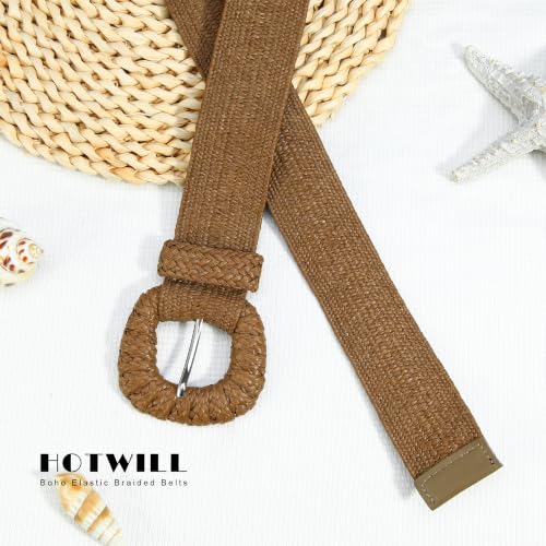 HOTWILL Women Straw Woven Belt Boho Elastic Stretch Braided Waist Belts for Summer Dresses - color: Tan_d Ring Buckle