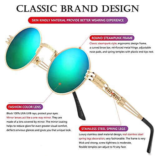 AIEYEZO Round Steampunk Sunglasses for Men Women Retro Circle Hippie Glasses Metal Frame 100% UV Blocking Lens - color: Gold/Green Mirror