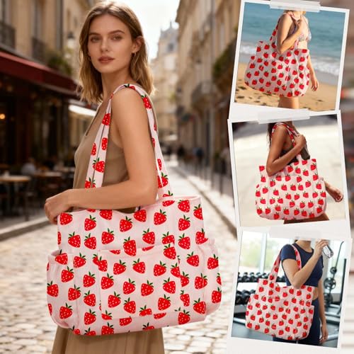 Corduroy Tote Bag for Women,Large Capacity Cute Tote Bags With 6 Pockets,Crossbody Shoulder Handbag for Work Travel Gym - color: Strawberry