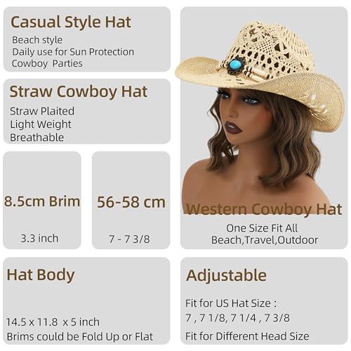 Straw Cowboy Hat, Western Cowgirl Hat, Wide Brim Sun Beach Hat for Men and Women - color: Beige-m23