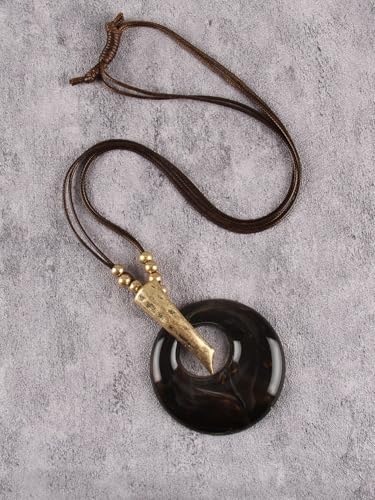 GelConnie Long Necklaces for Women Boho Large Pendant Necklace Casual Bohemian Brown Leather Choker Sweater Circle Statement Stone Necklace - style: Black Round Necklace