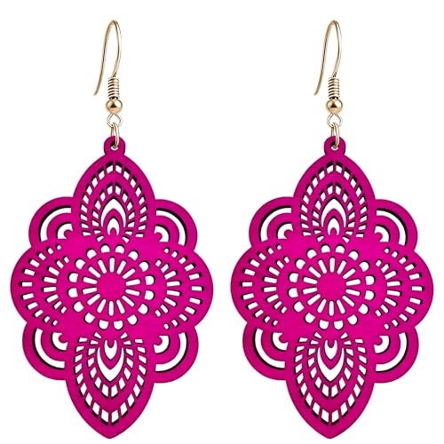 Bohemian Wood Earrings Natural Retro Lightweight Hollow Pattern Geometric Wooden Dangle Drop Earrings Statement Vintage Jewelry - color: rose red