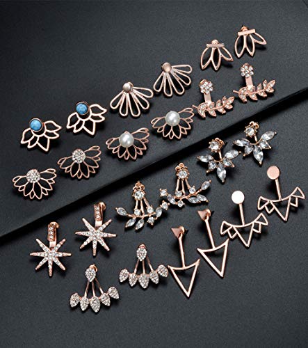 Tornito 6-12 Pairs Lotus Flower Earring Studs Chic CZ Earrings Jackets For Women Silver Rose Gold Tone - color: B:12 Pairs,Rose Gold Tone