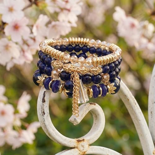 Bohemian Bracelet Sets for Women - 4-Pack Stackable Stretch Bead Bracelets with Black＆White Crystal & Gold Accessories, Multi-Layer Boho Jewelry - color: purple