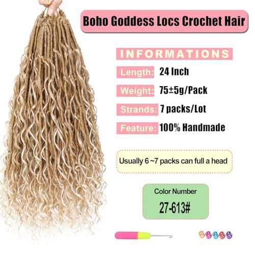 Goddess Locs Crochet Hair 7 Packs Bohemian Faux Locs Pre-Looped Braids, Boho Goddess Soft Locs Crochet Hair with Curly Ends Hair Extensions for Women (27/613, 24 Inch) - color: 27/613, size: 24 Inch