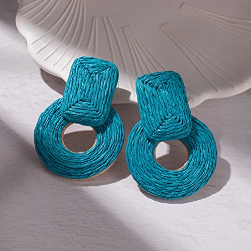 Statement Raffia Earrings Cute Boho Earrings Rattan Dangle Earrings Handmade Straw Wrap Earrings Summer Drop Dangling Earrings for Women Teen Girls - color: Blue