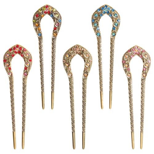 5 Pcs Vintage Hair Forks U-Shaped French Hair Pins Retro Rhinestone Metal Hairs Chopsticks Double Prong Hairpin for Women Bun Updo Thick Long Hairstyle Accessories