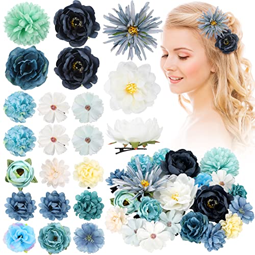 BBTO 21 Pcs Flower Hair Clip Rose Hair Clips Barrettes for Women Flower Accessories Boho Bride Claw Clip Hairpin Brooch Pin Headpiece for Wedding (Light Blue) - color: Light Blue