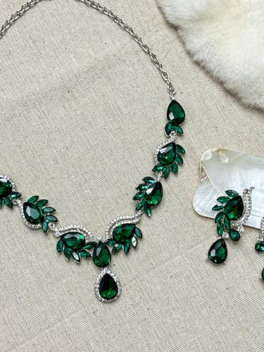 Women Jewelry Set Rhinestone Crystal Bride Statement Choker Necklace Teardrop Cluster Dangle Earrings Set for Wedding Prom Party - color: emerald