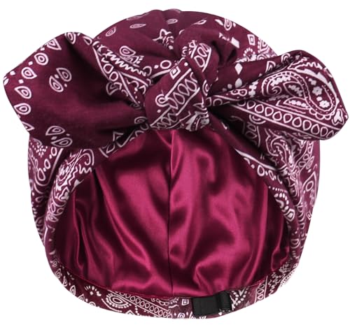 Ababalaya Satin Lined Beanies for Women Chemo Headwear Silky Lined Cotton Sleeping Cap - color: Red（burgundy ）