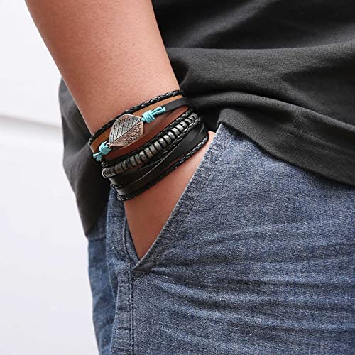 HZMAN Wrap Bracelets Men Women, Hemp Cords Wood Beads Ethnic Tribal Bracelets, Leather Wristbands - style: Leaves