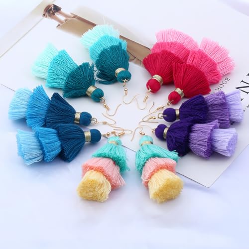 Bohemian Layered Earrings for Women Vintage Three-Layer Ombre Gradient Tassels Earrings Long Statement Tiered Fringe Drop Dangle Earring Elegant Beach Wedding Dangle Earring for Summer Seaside Festivals - color: Yellow