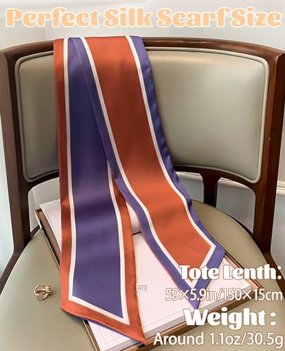 kcctoo 59" Mulberry Silk Like Head Scarf Women's Fashion Square Neck Satin Scarfs for Bag Hair Scarves Gift 59 * 5.9” - color: A004-purple Orange/59"x5.9"