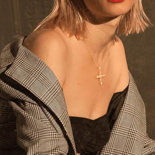 14K Gold Plated Cross Pendant Necklaces for Women Trendy, Dainty Choker CZ Cross Necklace Non Tarnish,Simple Tiny Cross Necklace for Jewelry Gifts - style: Flower-Gold