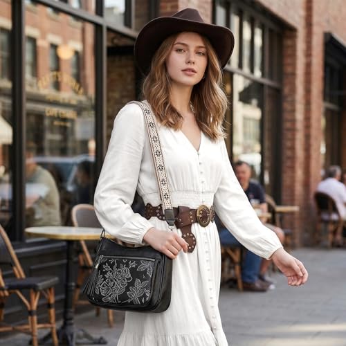 Crossbody Bags for Women, Vegan Leather Medium Crossbody Purse, Spacious Daily Travel Shoulder Bag with Boho Strap - color: Black Silver