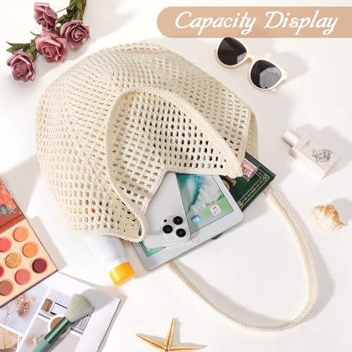 Tavaleu Crochet Tote Beach Bags for Women, Mesh Beach Tote Knit Bag, Summer Vacation Aesthetic Boho Hobo Shoulder Bag - color: Beige - Mesh Crochet
