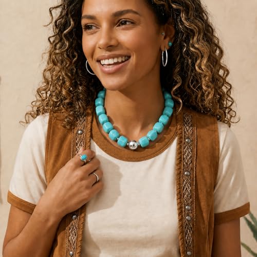 Mchic Colorful Beaded Choker Necklace for Women: Boho Large Square Acrylic Beaded Necklace Stainless Steel Adjustable Surfer Beach Strand Necklaces Summer Handmade Jewelry Gift for Women - color: Teal-Silver