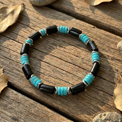Turquoise Bracelet, Handmade Turquoise Beaded Wood Hematite Boho Bracelet, Western Jewelry for Women & Men