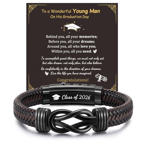 MEALGUET Men's Bracelets Gifts for Men - Brown Braided Leather Infinity Knot Bracelets Engraved Love Massage for Son Man Husband Boyfriend, Mens Bracelet Jewelry Gift for Birthday Valentine's - style: Graduation-Class of 2026
