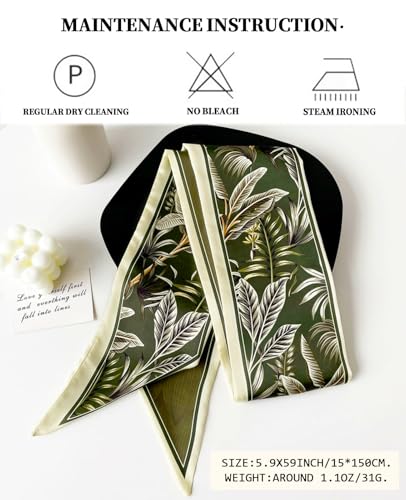 Head Scarf Purse Handle Neck Satin Hair Scarfs For Bag Lightweight Silky Long Thin Women's Fashion Scarves 59 * 5.9” - color: H16-green Feather Lines(59*5.9inch)