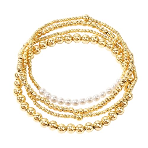 14K Gold Plated Beaded Bracelets Stack Set for Women,Stretch Boho Colorful Beads Ball Jewelry Friendship Summer Trendy - color: Pearl