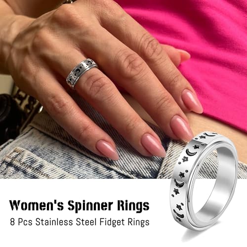 FEYIR 8 Pcs Fidget Rings for Women Anxiety Spinner Stainless Steel CZ Band Ring Spinning Rings Set for Anxiety - color: 8pcs-Silver