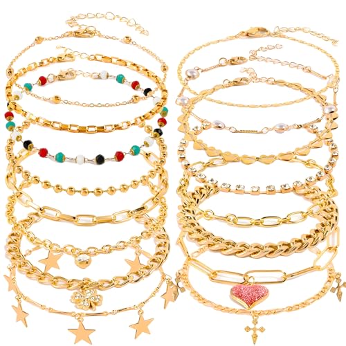 16 Pcs Gold/Silver Anklet Bracelets for Women Cuban chain Heart-shaped Beads Layered Adjustable Size Beach Daily Party - color: golden