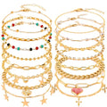 16 Pcs Gold/Silver Anklet Bracelets for Women Cuban chain Heart-shaped Beads Layered Adjustable Size Beach Daily Party - color: golden